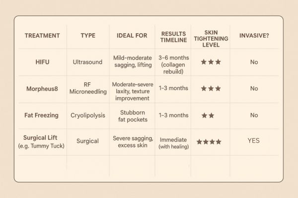 Table showing the comparisons of Skin tightening Wednesbury treatment options.